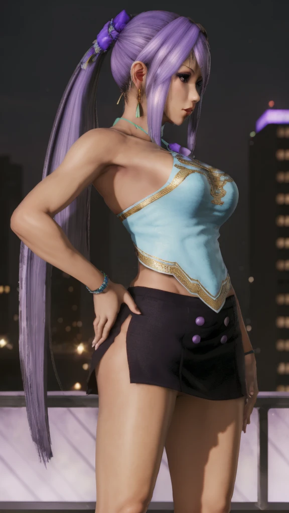 1 Girl,Solitary,,Purple Hair,Fingerless gloves,Long hair,Headband,star Hair accessories,Purple Eyes,earrings,skirt,Jewelry,Chinese clothes,Hair accessories,Lips,Looking at the audience,city View,night,Hands on Hips,Cowboy shooting，Perfect legs，High heel