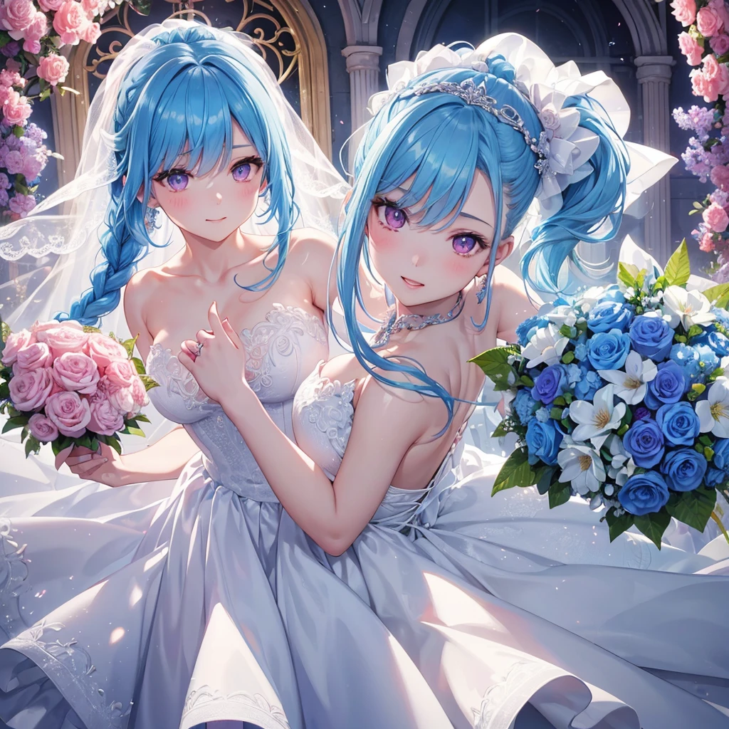Sky blue hair, (One braided ponytail),(Pink Eyes),Fair skin ,(whole body),(One girl),bride,A big smile,Straight bangs, 6月のbride,Wedding dress,(masterpiece, Highest quality, Very detailed, Best Shadow), (Detailed Background), (Beautifully detailed face), High Contrast, (Best lighting, Very delicate and beautiful), ((Cinematic Light)), colorful, Hyper Detail, Dramatic Light, Intricate details,Chapel background,A bouquet of roses in the right hand,Ring on left ring finger,