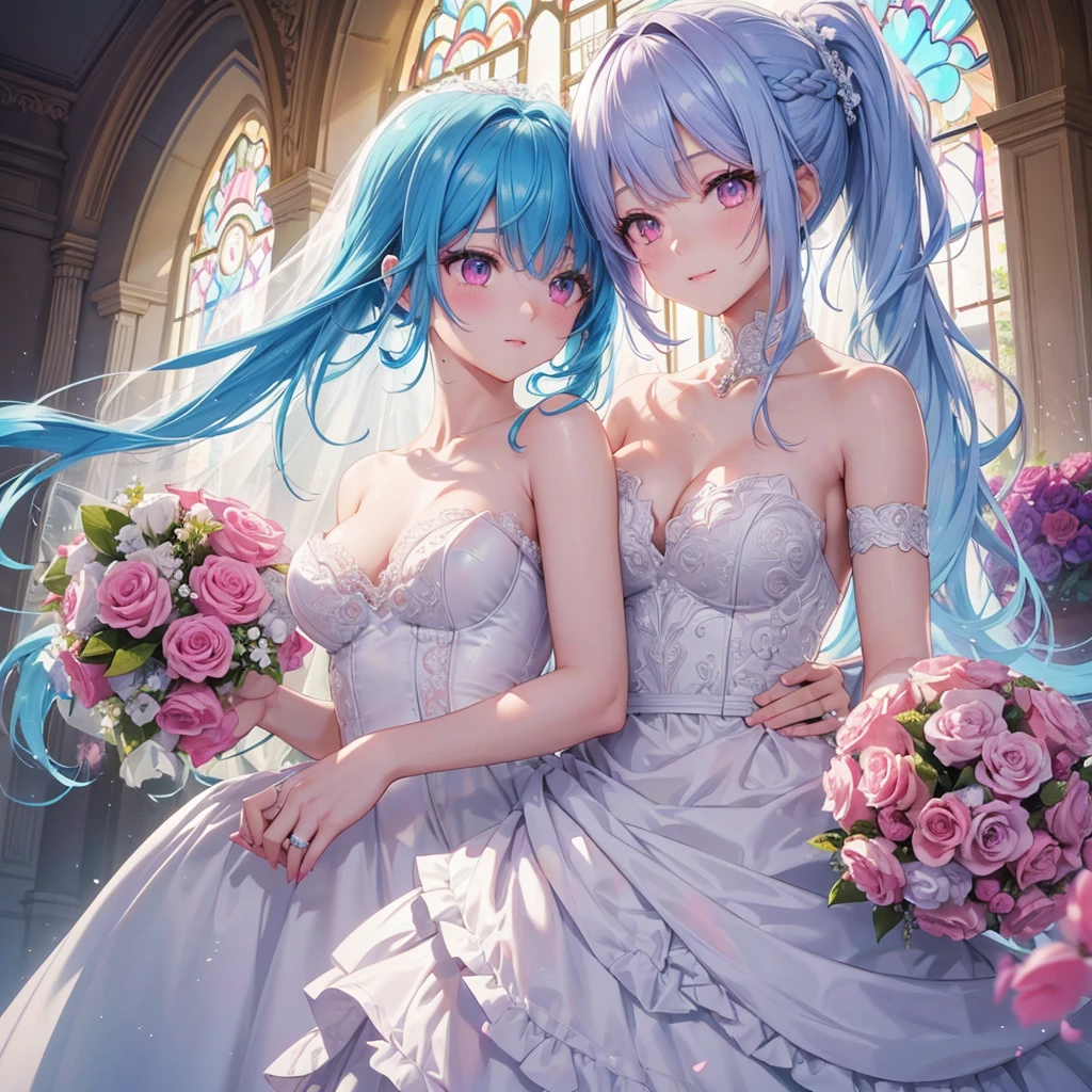 Sky blue hair, (One braided ponytail),(Pink Eyes),Fair skin ,(whole body),(One girl),bride,A big smile,Straight bangs, 6月のbride,Wedding dress,(masterpiece, Highest quality, Very detailed, Best Shadow), (Detailed Background), (Beautifully detailed face), High Contrast, (Best lighting, Very delicate and beautiful), ((Cinematic Light)), colorful, Hyper Detail, Dramatic Light, Intricate details,Chapel background,A bouquet of roses in the right hand,Ring on left ring finger,