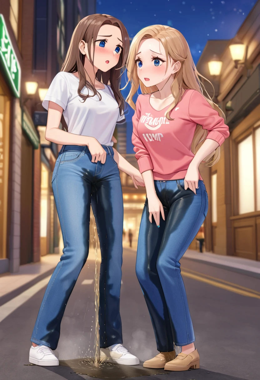 ((best quality, masterpiece:1.3, 8K)), (detailed), highly detailed face and skin texture, detailed eyes, downtown, full body, slender body, 2girls, 25 years old, white skin, bright lips, scared, worried, embarrassed, panicking, long hair, (forehead:1.0), jeans pants, flares jeans, blue jeans, peeing jeans, peeing pants, pee stain, (wetting herself:1.5, desperation:1.5),