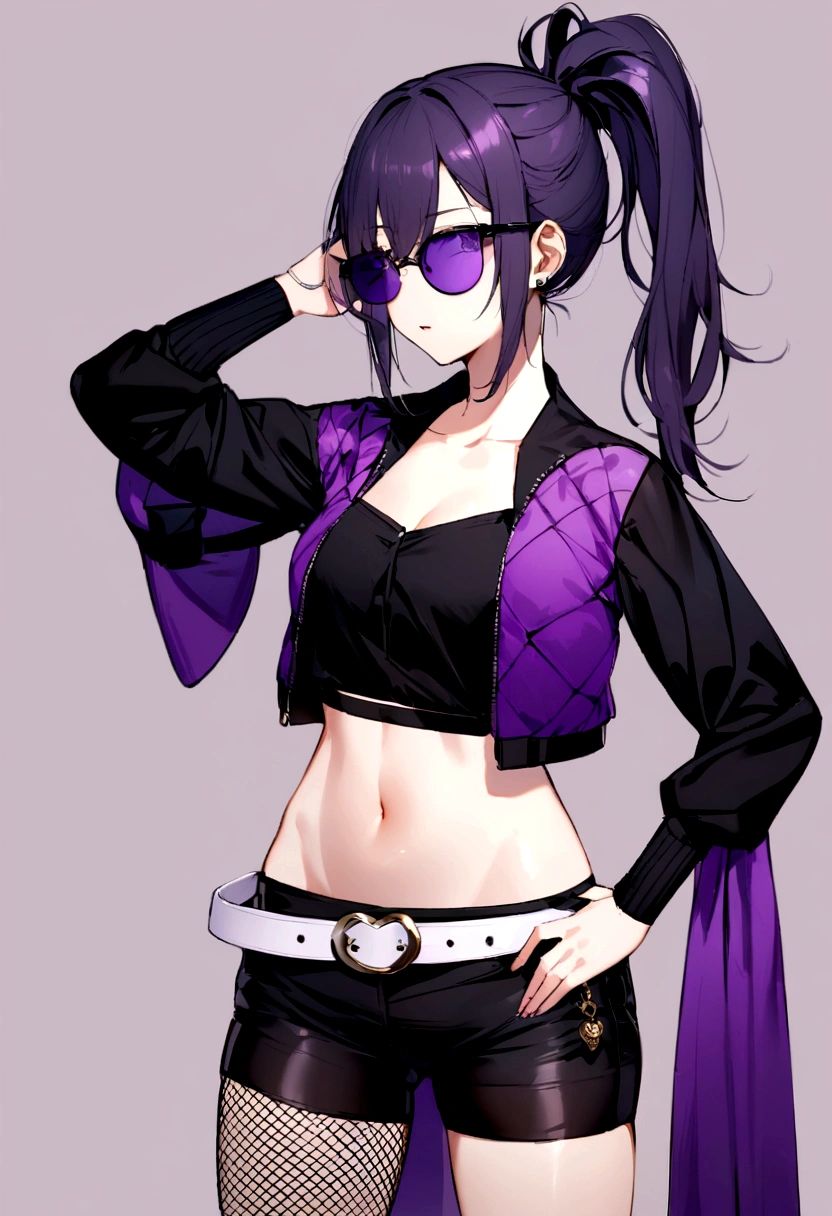 young girl, who wears a short jacket and a crop top, covering her upper body, exposing the navel. She also wears black buttonless shorts with a decorative piece of black and purple fabric, which hangs from the back, and also a white belt, with a gaming console attached to his hip. She has purple sunglasses on her head, , which she ties her hair into a loose ponytail. She also wears a pair of black ones, white and blue shoes, and also a knife, attached to her right leg, and short fishnets on the left calf. Besides, she has blue bandages on her left knee and lower back.