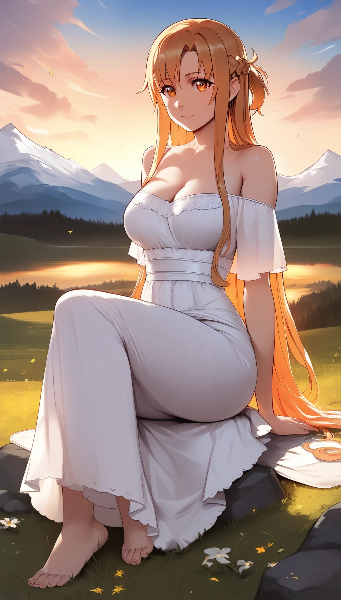 score_9, score_8_up, score_7_up, score_6_up, uncensored, asuna yuuki from sword art online, orange hair, fold, braid, long hair, orange eyes, BREAK (masterpiece:1.2), best quality, high resolution, (detailed eyes:1.3), perfect lighting, (perfect hands, perfect anatomy),1girl, grass, solo, barefoot, sitting, breasts, mountain, sunset, dress, bare_shoulders, outdoors, looking_at_viewer, off_shoulder, field, sky, lake, collarbone, mountainous_horizon, indian_style, twilight, tree, black_dress, large_breasts, scenery, medium_breasts, feet, off-shoulder_dress, rock, 