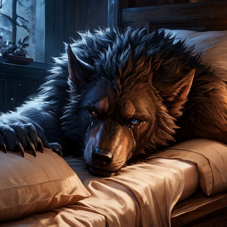 Hyper Muscular Werewolf lying in bed with head on the pillow crying , 4K, HD, High resolution, Best quality, perfect colors, detailed shadow, detailed body, detailed muscle, Alone, Werewolf, Detailed face, detailed fur, Male people, Torso, Correct anatomy, (Realistic skin, epic, tmasterpiece:1.3),Shining fur, Realistc fur, Smooth fur ,(Detailed modern bedroom background, during night), Naked, Modern bedroom, detailed bed, detailed bedroom, night, Soft lamp light, giant muscle, detailed eyes, crying expression, Detailed tears, sad expression, head on the pillow