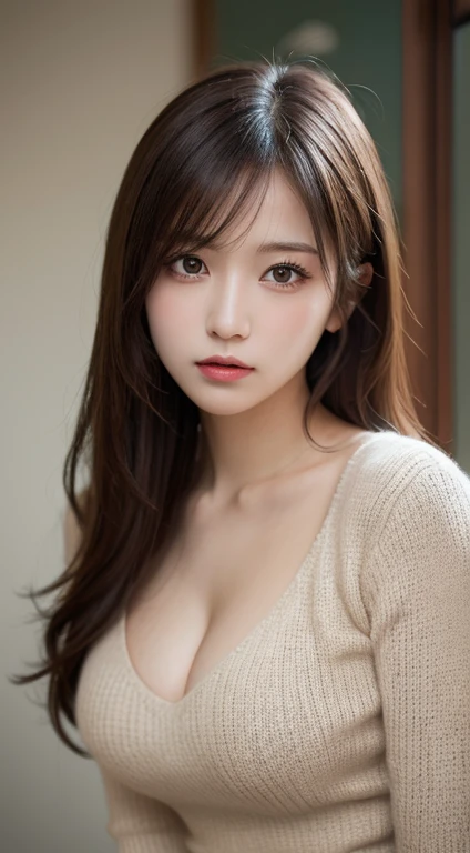 masutepiece, Best Quality, Illustration, Ultra-detailed, finely detail, hight resolution, 8K Wallpaper, Perfect dynamic composition, Beautiful detailed eyes, Natural Lip, sexy knitted dress , Big breasts, cleavage, Random sexy poses, full body