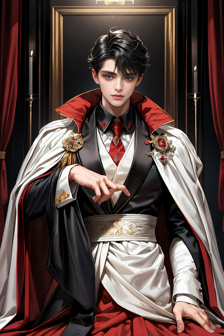 masterpiece, 最high quality, high quality, 1 boy, alone, Male focus, Watching the audience, Messy black hair, Adorable big blue eyes, White people, Noble, Noble,Sexy voluminous black and red cape、Tuxedo、A very voluminous, large, very large, very large, long, long red and black cape with a high stand-up collar, reaching down to the floor, made of a lot of fabric., ,Cute beautiful boys,Cute, cute, kind, handsome guy