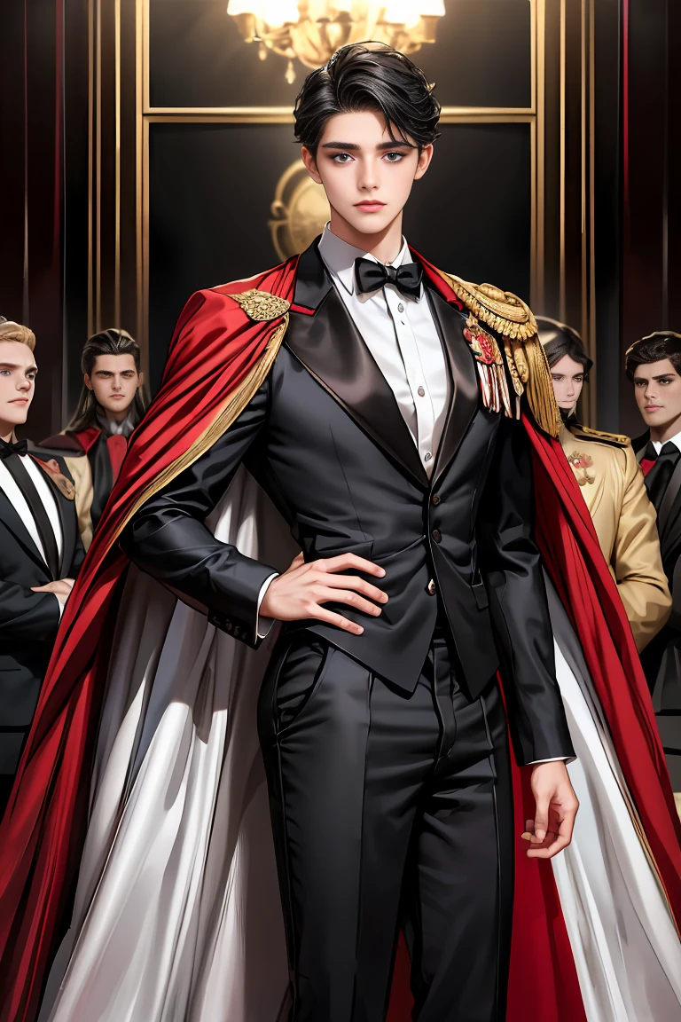 
masterpiece, 最high quality, high quality, 1 boy, alone, Male focus, Watching the audience,  Messy black hair, Adorable big blue eyes, White people, Noble, Noble,Sexy voluminous black and red cape、Tuxedo、A very voluminous, large, very large, very large, long, long red and black cape with a high stand-up collar, reaching down to the floor, made of a lot of fabric., 17 years old,Cute beautiful boys,Cute, cute, kind, handsome guy