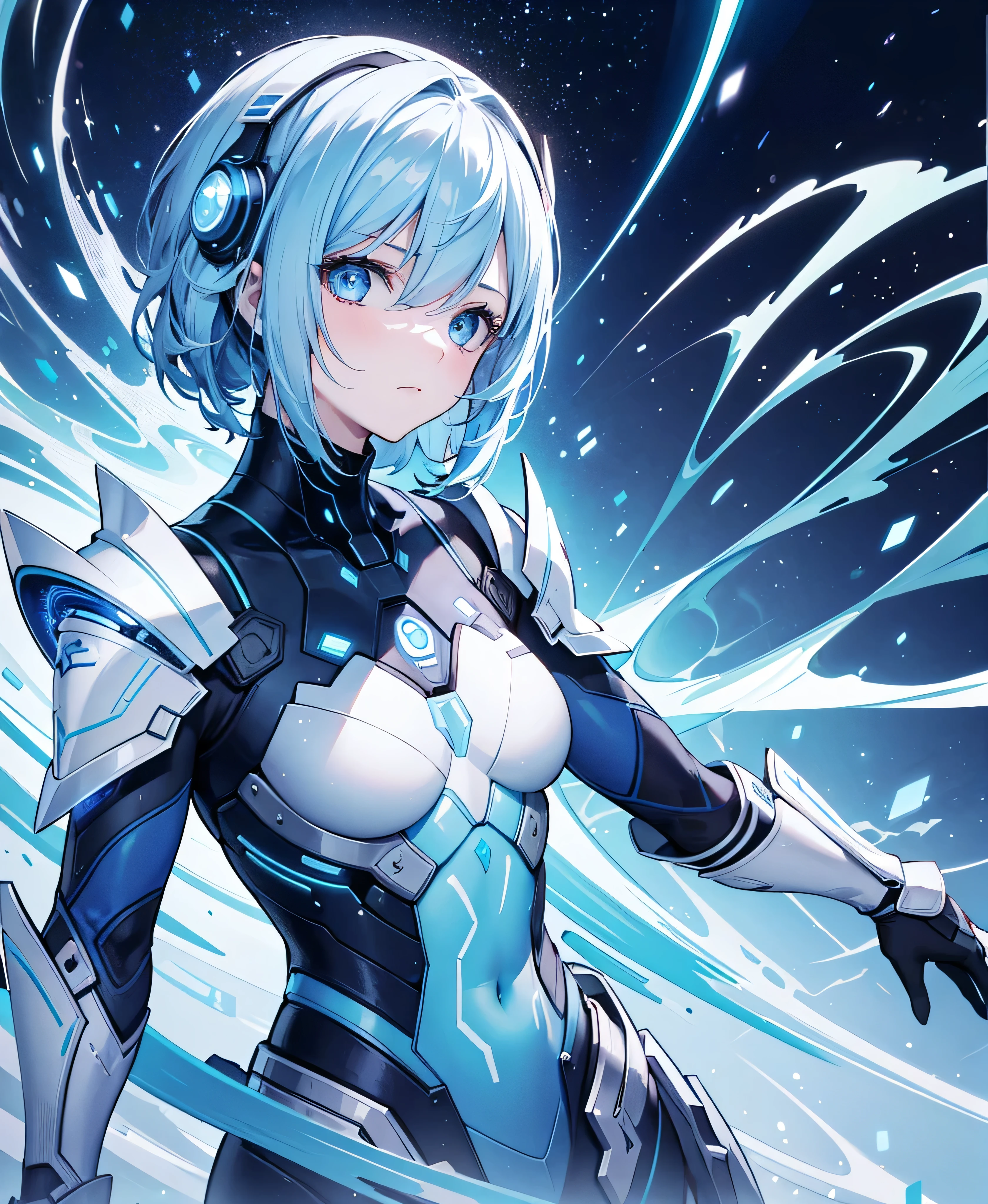 8K, Highest quality, (real:1.4), Original photo, 1 girl, Asari Hair, Biological Amplifier, refined armor, posture: Peace talks between warring factions, smart blue eyes