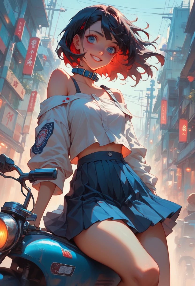 She has medium-long black hair, wears an off-the-shoulder white button-up shirt with a collar, and a navy blue short box pleated skirt.、Japanese girl riding a futuristic white superconducting motorbike with red LED lights along the coastline、smile