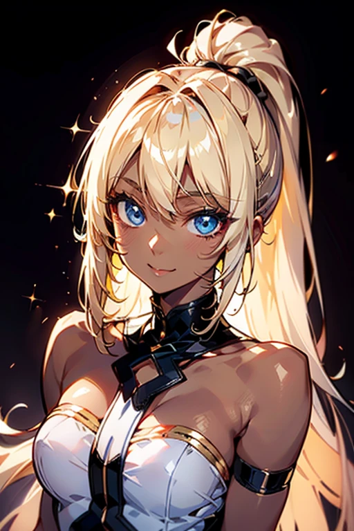 Portrait、、Bright expression、ponytail、Young, shiny, white, glossy skin、Gloss Face、Shining Cheek Gloss、Small Face Beauty、The best beauty、The dazzling light of blonde hair、Bright blonde hair with dazzling highlights、Very beautiful shiny light blonde hair、super long silky straight hair、Her shiny, beautiful bangs are covering her eyes.、Sparkling, clear, attractive, bright, large, pale blue eyes、Very big eyes、eyeliner、very beautiful lovely cute 16 year old girl、Ample Bust, full body , smile , (dark skin :1.5)