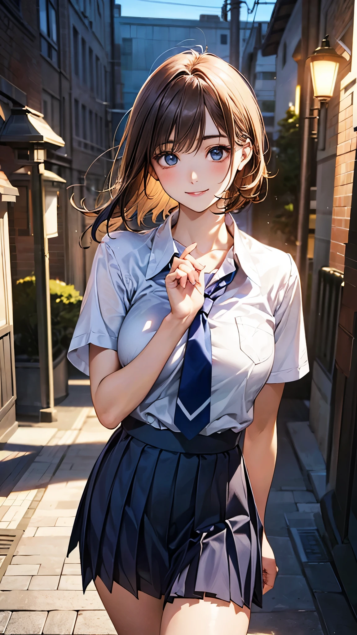 (masterpiece:1.2, top-quality), (realistic, photorealistic:1.4), beautiful illustration, (natural side lighting, movie lighting), nsfw, 
looking at viewer, 1 girl, japanese, high school girl, ((girl with a sparrow on her hand)), perfect face, cute and symmetrical face, shiny skin, 
(short hair:1.8, lob hair:1.3, light browm hair), bangs, blue eyes, slant eyes, big eyes, long eye lasher, (large breasts:0.8, thick thighs), slender, 
beautiful detailed hair, beautiful detailed face, beautiful detailed eyes, beautiful clavicle, beautiful body, beautiful chest, beautiful thigh, beautiful legs, beautiful fingers, 
(private school uniform:1.2, blue pleated skirt, light blue tie), socks, 
(beautiful scenery), dawn, (lamp post, sidewalk), walking, (lovely smile, upper eyes), 