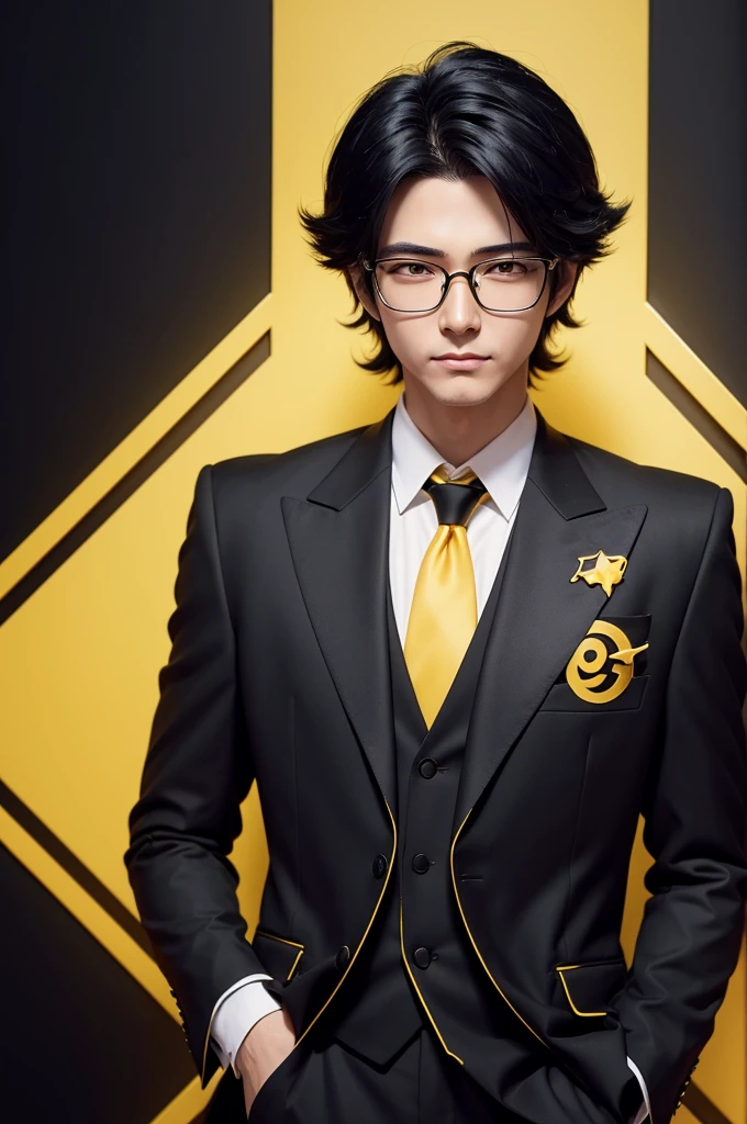 human appearance with golden skin. wears a black suit with yellow "$" symbols on his sleeves. black hair that goes down to the neck. wears glasses with star-shaped lenses. Anime art style
