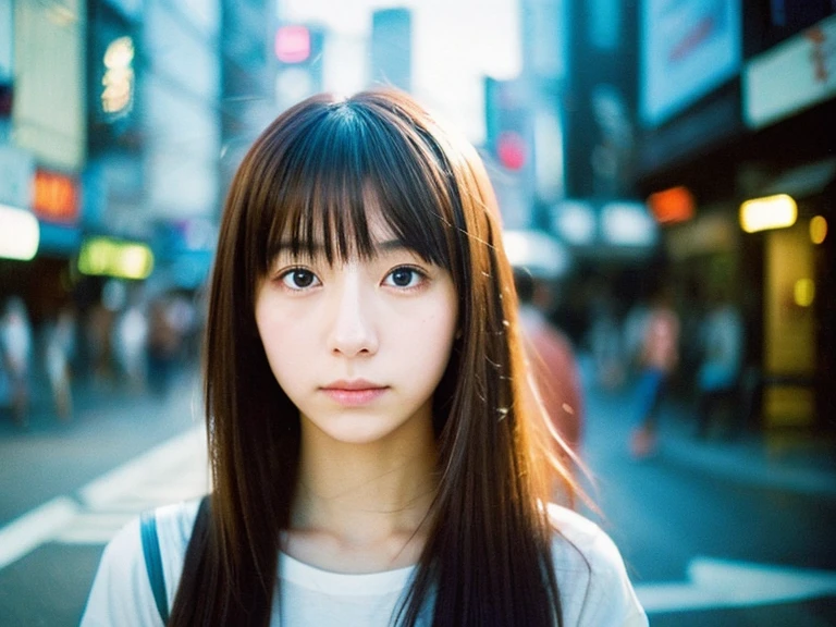 Japanese beautiful girl, Embarrassed look, figure, (Highest quality, Super detailed), front、Gentle lighting, Flowing Hair,one piece、 Delicate features, Dreamy atmosphere、Analog Film Photography、20-year-old、80'、Cyberpunk-style lo-fi animation、