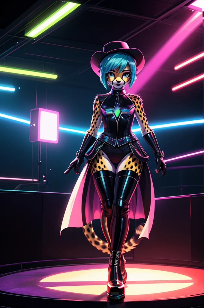 young, adolescent, slim cheetah girl, distinctly feminine figure, wide hips, high fidelity photograph, avant-garde fashion model, surreal outfit, oversized hat, mismatched gloves, neon green thigh-high boots, posing dramatically in a stark white studio, intense, vulnerable expression, gaze fixed off-camera, deep blue short bob haircut, piercing silver eyes, variety of chunky, iridescent jewelry, exaggerated makeup, dynamic, angular pose, emphasizing long, slender legs, vibrant, unconventional attire, cinematic, high-contrast lighting, 35mm, f2.0, mirrorless camera 50mp.