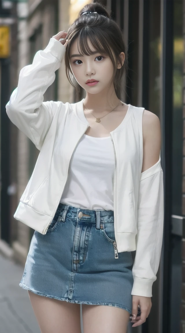 One girl、White long sleeve jacket、Brown Bob Hair、Brown ponytail、Denim mini skirt、Denim sleeveless