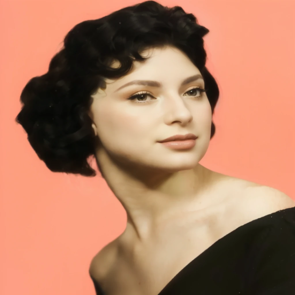 a close up of a woman with a black dress on a pink background, by Evaline Ness, inspired by Evelyn Abelson, portrait in the style of craola, color portrait, colorized background, inspired by Verónica Ruiz de Velasco, a colorized photo, color studio portrait, beautiful portrait of a woman, half body portrait of juliana, realistic photo