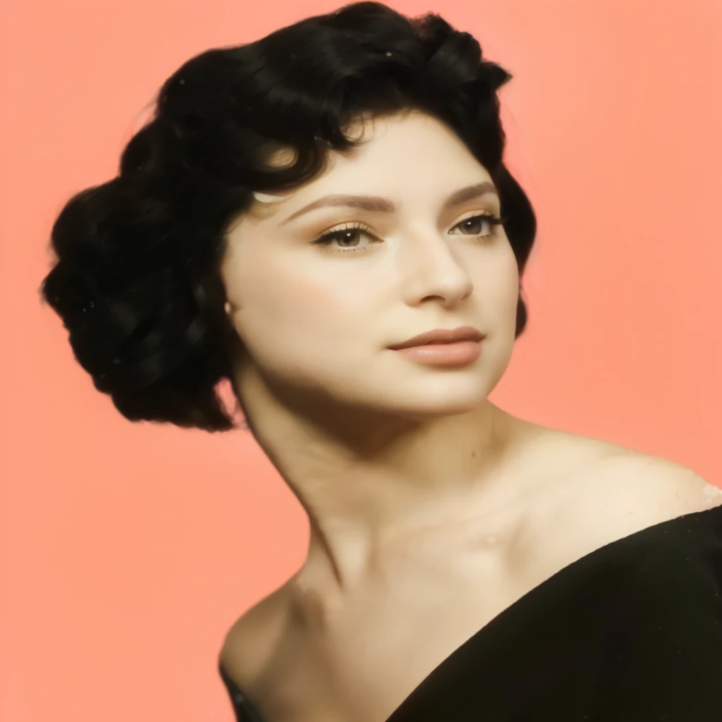 a close up of a woman with a black dress on a pink background, by Evaline Ness, inspired by Evelyn Abelson, portrait in the style of craola, color portrait, colorized background, inspired by Verónica Ruiz de Velasco, a colorized photo, color studio portrait, beautiful portrait of a woman, half body portrait of juliana, realistic photo