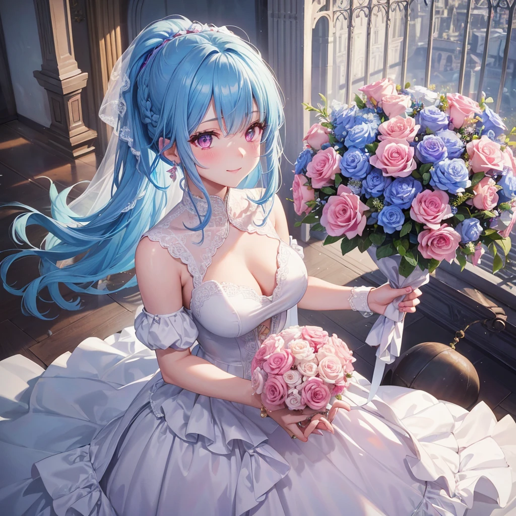Sky blue hair, (One braided ponytail),(Pink Eyes),Fair skin ,(whole body),(One girl),bride,A big smile,Straight bangs, 6月のbride,Wedding dress,(masterpiece, Highest quality, Very detailed, Best Shadow), (Detailed Background), (Beautifully detailed face), High Contrast, (Best lighting, Very delicate and beautiful), ((Cinematic Light)), colorful, Hyper Detail, Dramatic Light, Intricate details,Chapel background,A bouquet of roses in the right hand,Ring on left ring finger,