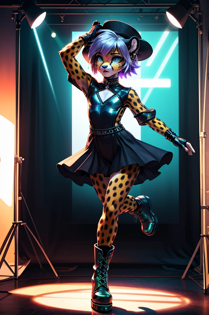 young, adolescent, slim cheetah girl, distinctly feminine figure, wide hips, high fidelity photograph, avant-garde fashion model, surreal outfit, oversized hat, mismatched gloves, neon green thigh-high boots, posing dramatically in a stark white studio, intense, vulnerable expression, gaze fixed off-camera, deep blue short bob haircut, piercing silver eyes, variety of chunky, iridescent jewelry, exaggerated makeup, dynamic, angular pose, emphasizing long, slender legs, vibrant, unconventional attire, cinematic, high-contrast lighting, 35mm, f2.0, mirrorless camera 50mp.