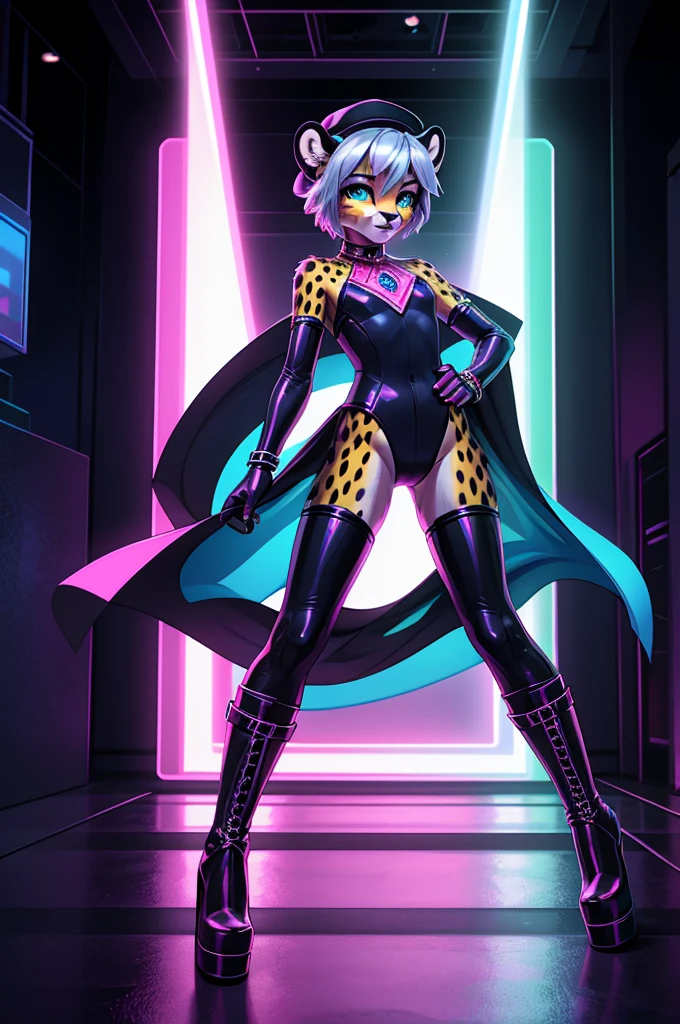 young, adolescent, slim cheetah girl, distinctly feminine figure, wide hips, high fidelity photograph, avant-garde fashion model, surreal outfit, oversized hat, mismatched gloves, neon green thigh-high boots, posing dramatically in a stark white studio, intense, vulnerable expression, gaze fixed off-camera, deep blue short bob haircut, piercing silver eyes, variety of chunky, iridescent jewelry, exaggerated makeup, dynamic, angular pose, emphasizing long, slender legs, vibrant, unconventional attire, cinematic, high-contrast lighting, 35mm, f2.0, mirrorless camera 50mp.
