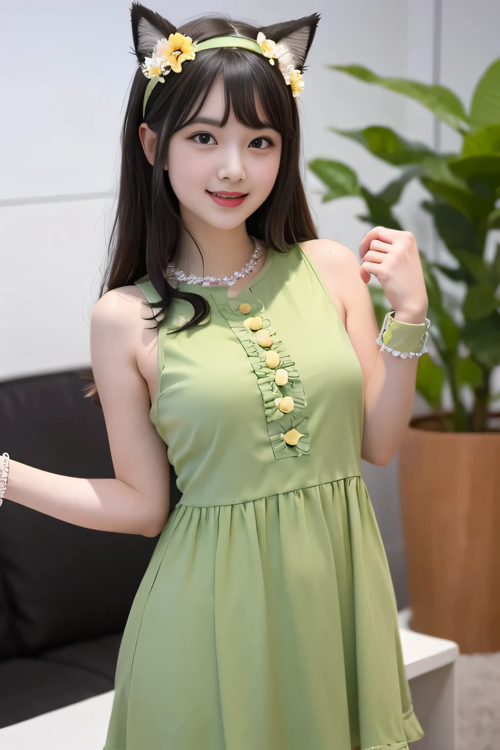 1girl, :d, animal ear fluff, animal ears, bangs, black hairband, blonde hair, blurry, blurry background, depth of field, dress, flower, flower pot, frilled dress, frills, green dress, green eyes, hairband, holding, long hair, open mouth, pink flower, plant, potted plant, sketch, sleeveless, sleeveless dress, smile, solo, tail, wrist cuffs, yellow flower, 1980s (style)