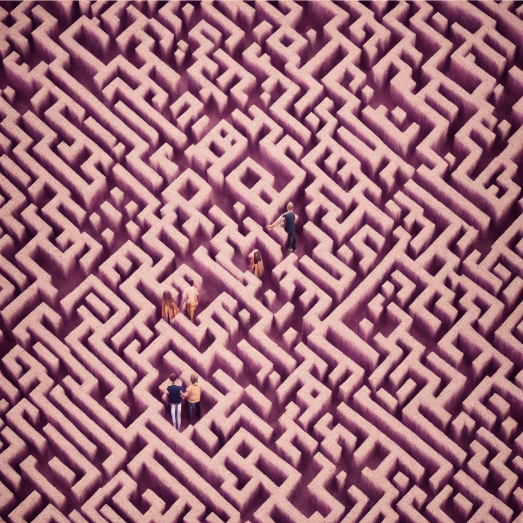 A man and a woman in a maze, suggesting the search for hidden emotions and feelings such as love.
colors: purple, Red and Pink