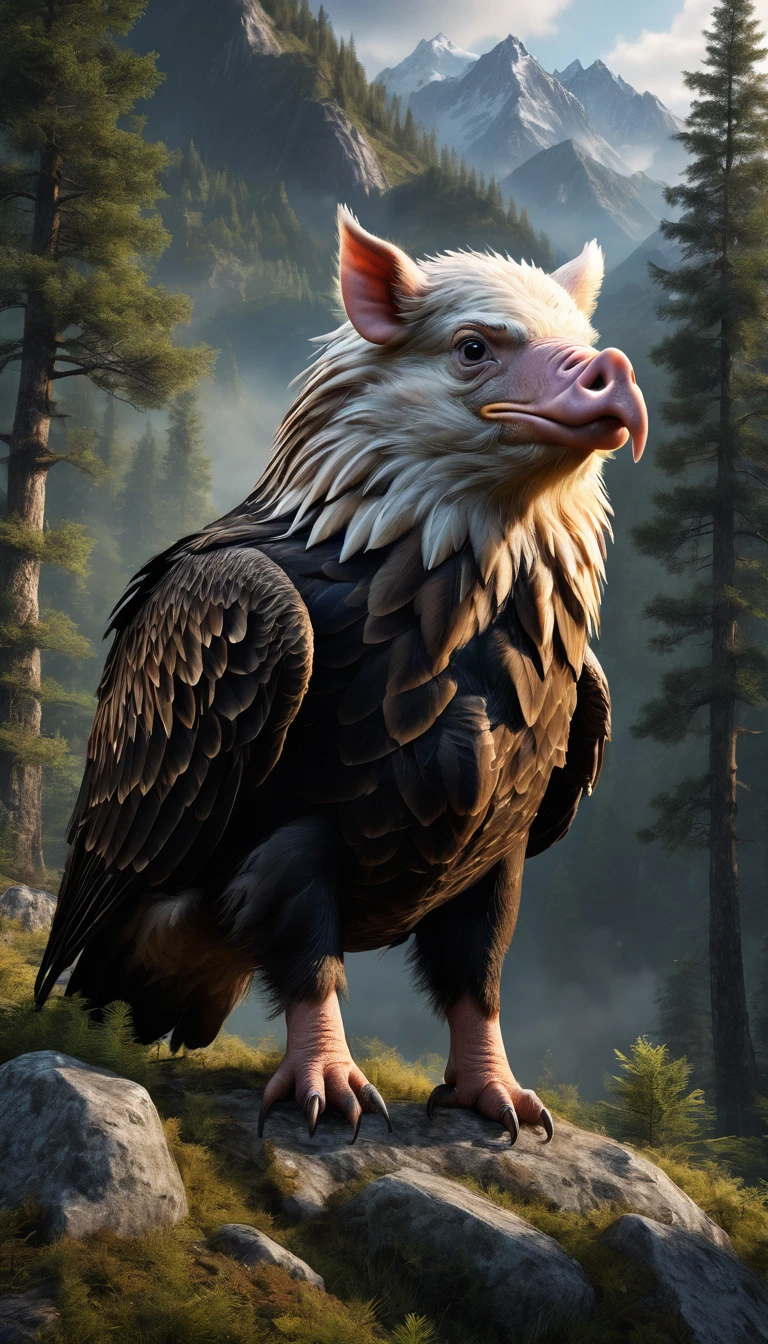 Mountains and forests,There is a kind of beast,Looks like a pig,The claws of an eagle,(best quality,4K,8K,High level,masterpiece:1.2),Ultra Detailed,(lifelike,Photo real,Photo real:1.37),Highly detailed animals,Realistic lighting,Fantasy Creatures