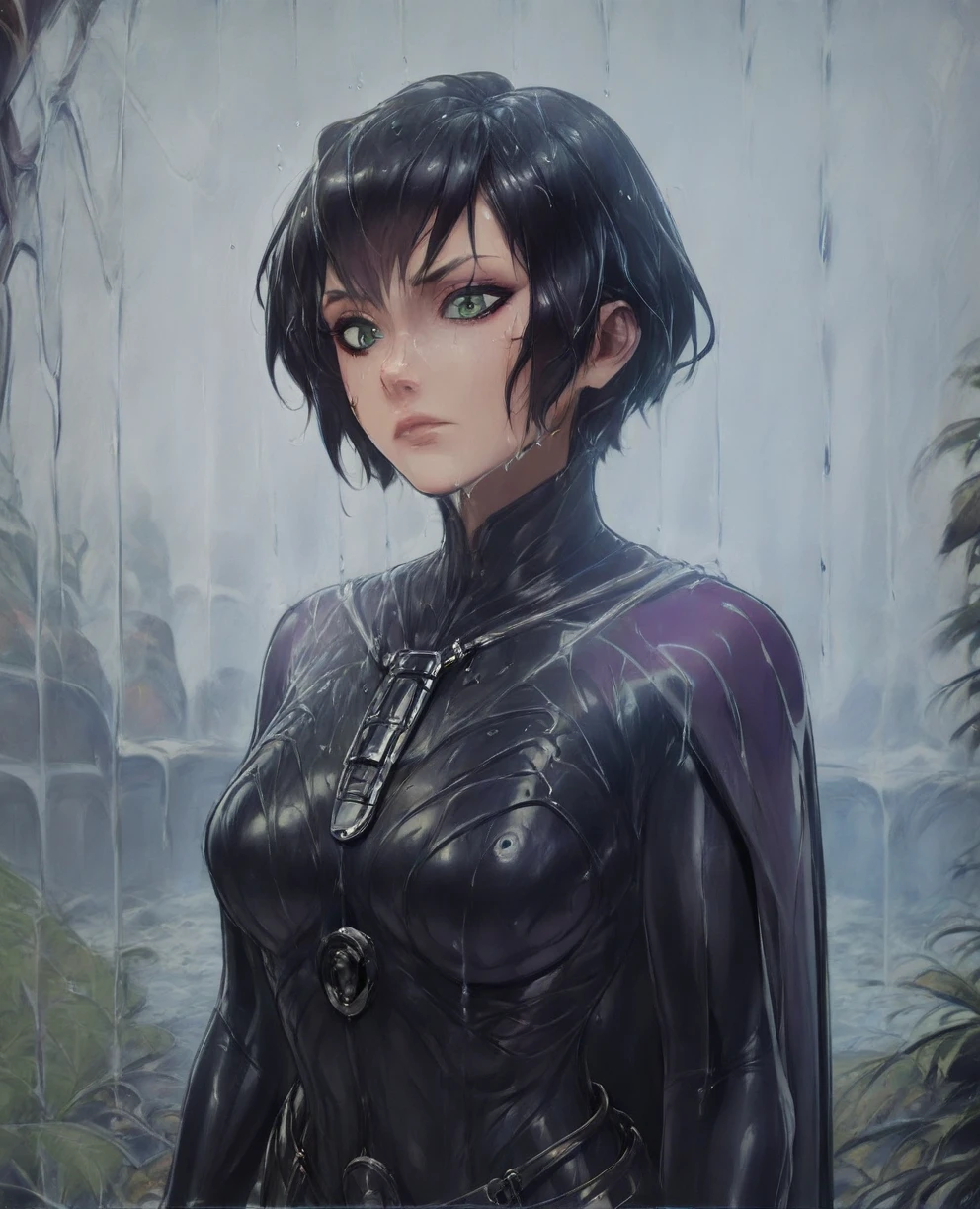 score_9,score_8_up,score_7_up,score_6_up, Trilla,green eyes,black hair, upper body, wet, armor,gloves,black bodysuit,black cape,belt,rain, science fiction,sith base, star wars, outdoors, rain, solo,fflixbag
wearing armor
sabine wren