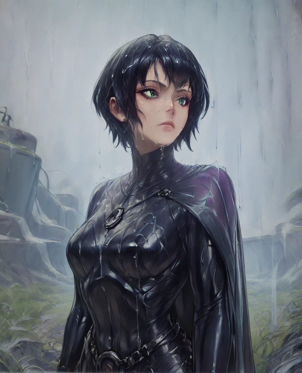 score_9,score_8_up,score_7_up,score_6_up, Trilla,green eyes,black hair, upper body, wet, armor,gloves,black bodysuit,black cape,belt,rain, science fiction,sith base, star wars, outdoors, rain, solo,fflixbag
wearing armor
sabine wren