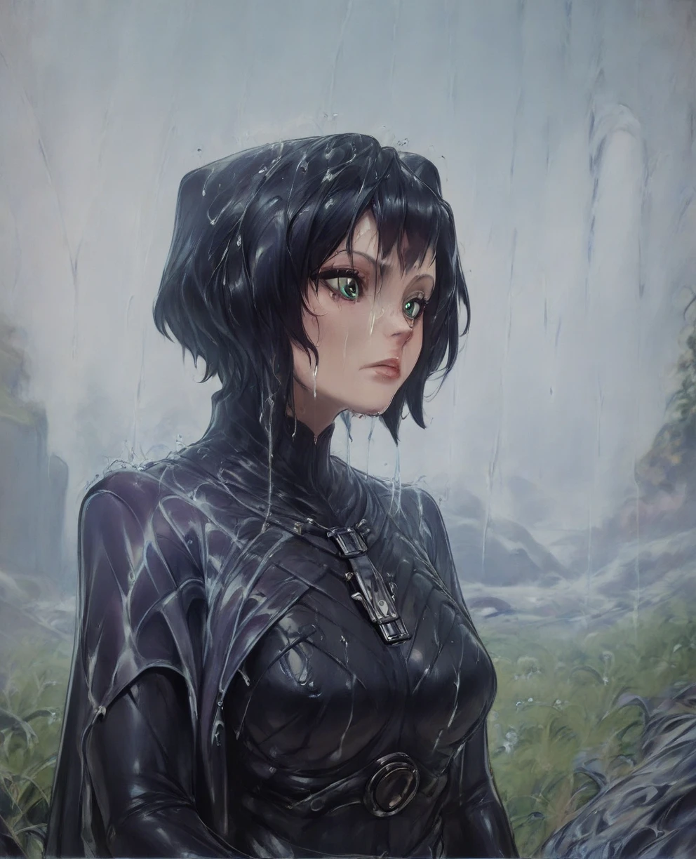 score_9,score_8_up,score_7_up,score_6_up, Trilla,green eyes,black hair, upper body, wet, armor,gloves,black bodysuit,black cape,belt,rain, science fiction,sith base, star wars, outdoors, rain, solo,fflixbag
wearing armor
sabine wren