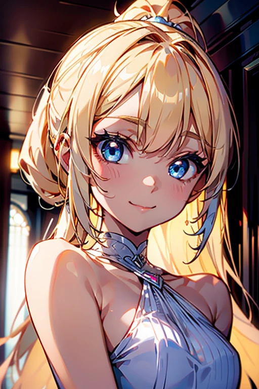 Portrait、、Bright expression、ponytail、Young, shiny, white, glossy skin、Gloss Face、Shining Cheek Gloss、Small Face Beauty、The best beauty、The dazzling light of blonde hair、Bright blonde hair with dazzling highlights、Very beautiful shiny light blonde hair、super long silky straight hair、Her shiny, beautiful bangs are covering her eyes.、Sparkling, clear, attractive, bright, large, pale blue eyes、Very big eyes、eyeliner、very beautiful lovely cute old girl、Ample Bust, full body , smile , (dark skin :1.2)