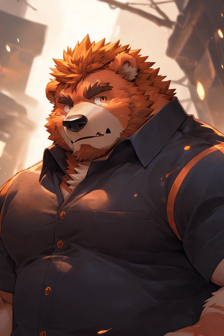 human nature, Wildlife, male,36 years old,Uncle, solitary, ((Round Face, The face is plump,Orange eyes,Thick orange hair,With scars)), ((Endomorph, Handsome,Hot Blood)), (Mecha suit,No electricity,exhaustion), ((domestic 熊, Bear Orc,) Fluffy fur, Fluffy), Bokeh, (high quality, high resolution, masterpiece), (Dynamic Lighting, Vibrant colors), (Revitalize,harm,Disdain), Full body picture (close up), cartoon, author:Takemoto Arashi, From zixiong, By Chunni, author:Empty Ghost,(background:Rainy forest)