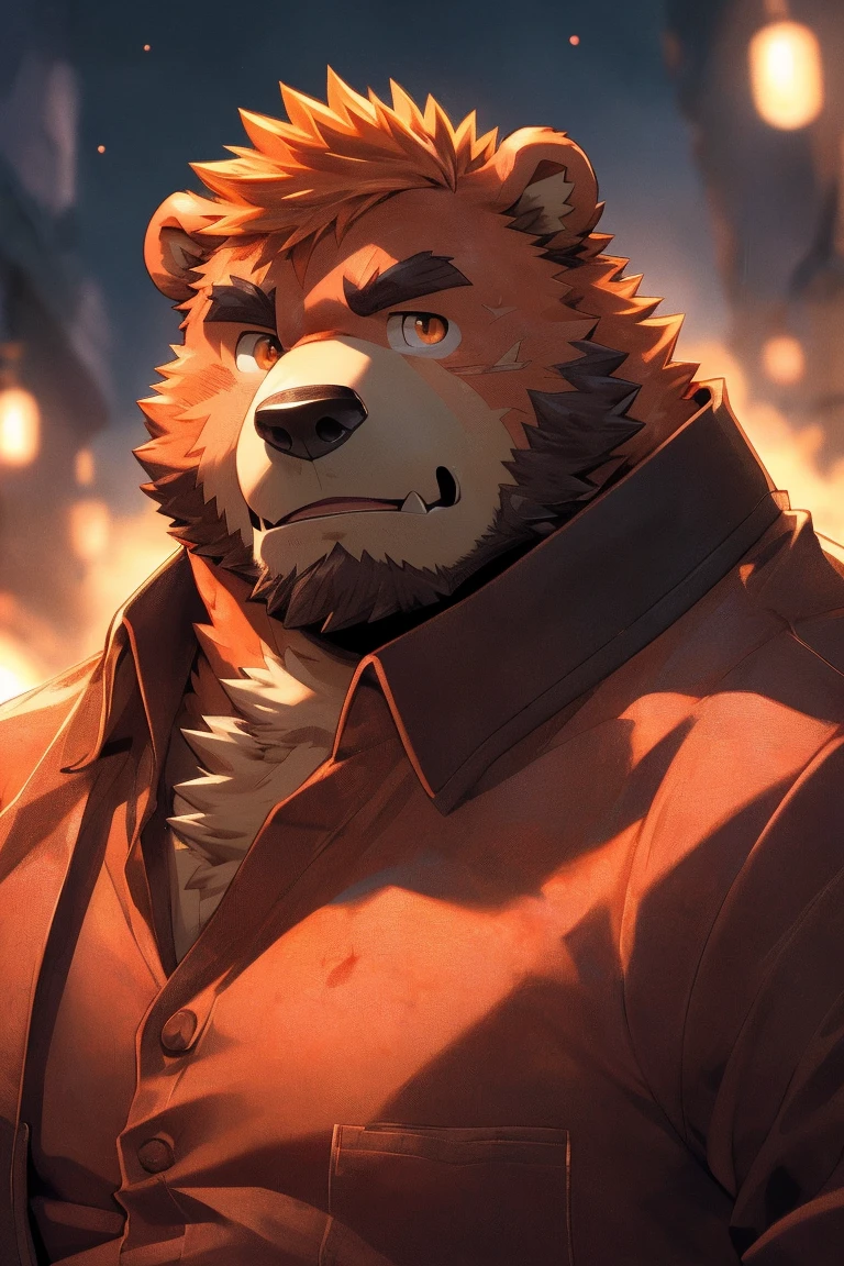 human nature, Wildlife, male,36 years old,Uncle, solitary, ((Round Face, The face is plump,Orange eyes,Thick orange hair,With scars)), ((Endomorph, Handsome,Hot Blood)), (Mecha suit,No electricity,exhaustion), ((domestic 熊, Bear Orc,) Fluffy fur, Fluffy), Bokeh, (high quality, high resolution, masterpiece), (Dynamic Lighting, Vibrant colors), (Revitalize,harm,Disdain), Full body picture (close up), cartoon, author:Takemoto Arashi, From zixiong, By Chunni, author:Empty Ghost,(background:Rainy forest)