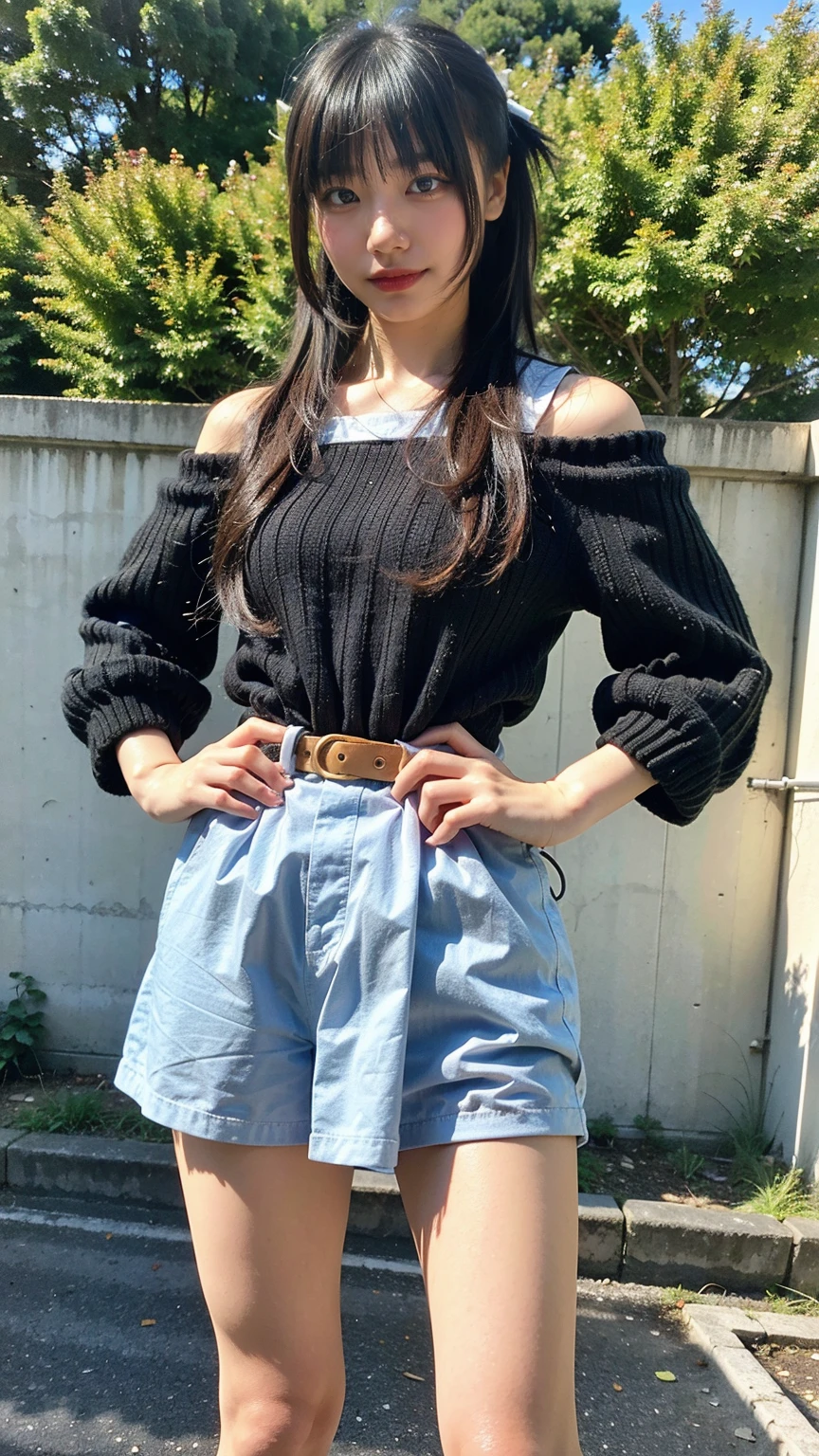 (8K、RAW Photos、Highest quality、masterpiece:1.2)、(Realistic、Realistic)、1 Girl、((Shorts、whole body、boots、Off the shoulder、See-through、Frills、garden、smile、whole body、View from the front、Ribbon on chest、Looking into the camera、belt、Stand with hands on hips))、