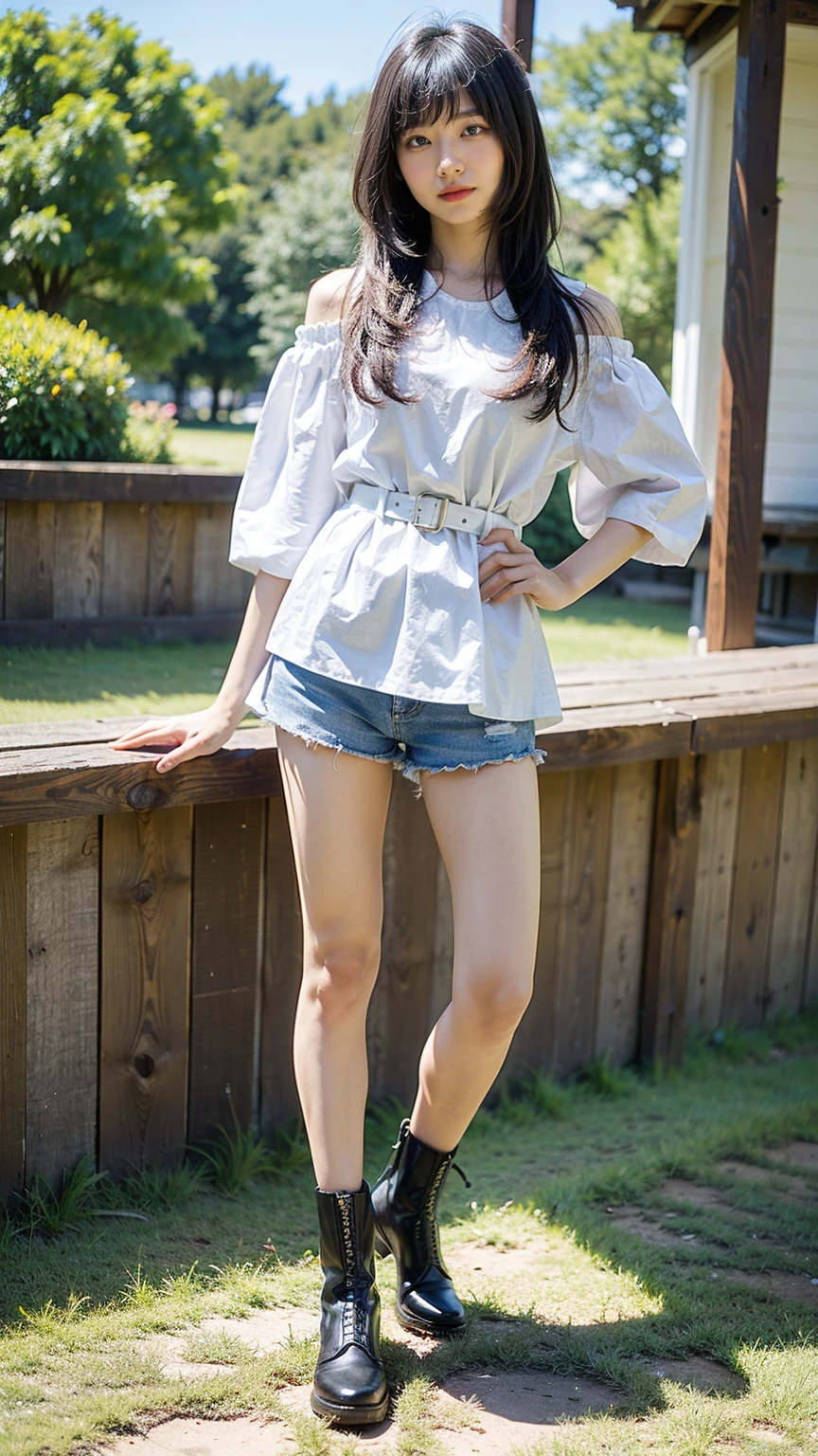 (8K、RAW Photos、Highest quality、masterpiece:1.2)、(Realistic、Realistic)、1 Girl、((Shorts、whole body、boots、Off the shoulder、See-through、Frills、garden、smile、whole body、View from the front、Ribbon on chest、Looking into the camera、belt、Stand with hands on hips))、