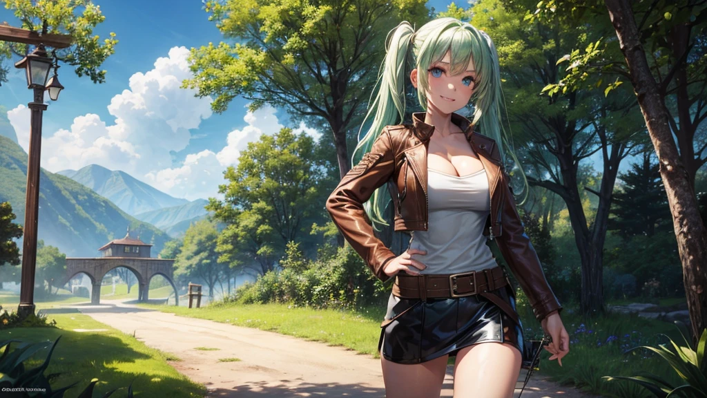 1girl, solo, full body, summer, village, trees, sun, clouds, fantasy, medieval, ((pale green hair)), twintail, huge breasts, ((brown leather jacket)), brown leather shorts, ((leather clothes)), cleavage 1:3, blue eyes, skirt, grin, looking at the viewer, standing, hair clip, golden necklate, hand on hip, using crossbow