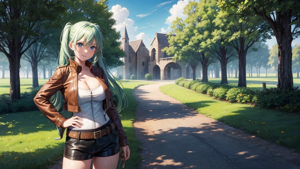 1girl, solo, full body, summer, village, trees, sun, clouds, fantasy, medieval, ((pale green hair)), twintail, huge breasts, ((brown leather jacket)), brown leather shorts, ((leather clothes)), cleavage 1:3, blue eyes, skirt, grin, looking at the viewer, standing, hair clip, golden necklate, hand on hip, using crossbow