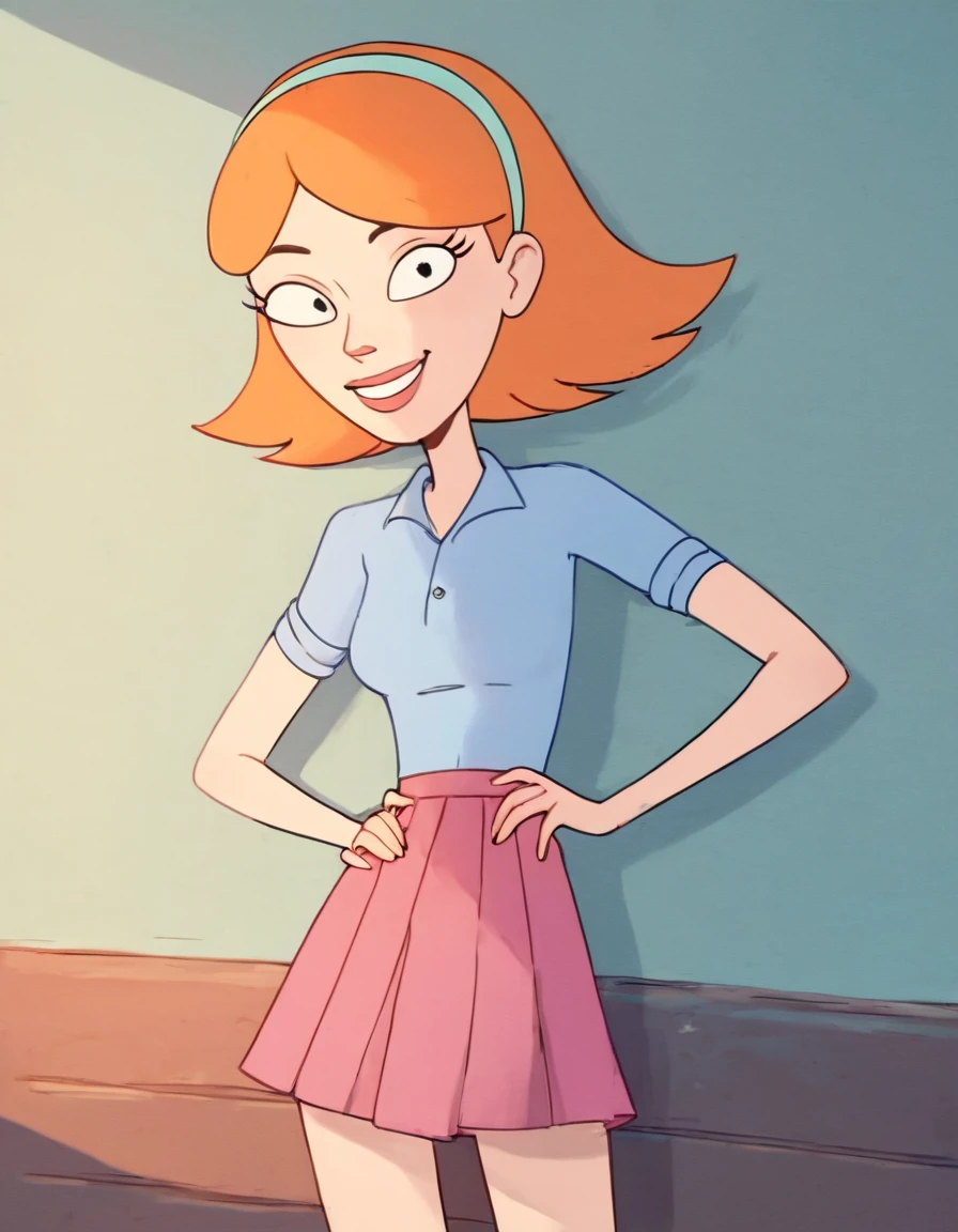 score_9,score_8_up,score_7_up,score_6_up,score_5_up,score_4_up, rating_safe,1 girl, solo, standing, smile, hands on hips, looking on viewer, Jessica, orange hair, hairband, short hair, skirt, blue shirt, black pupils