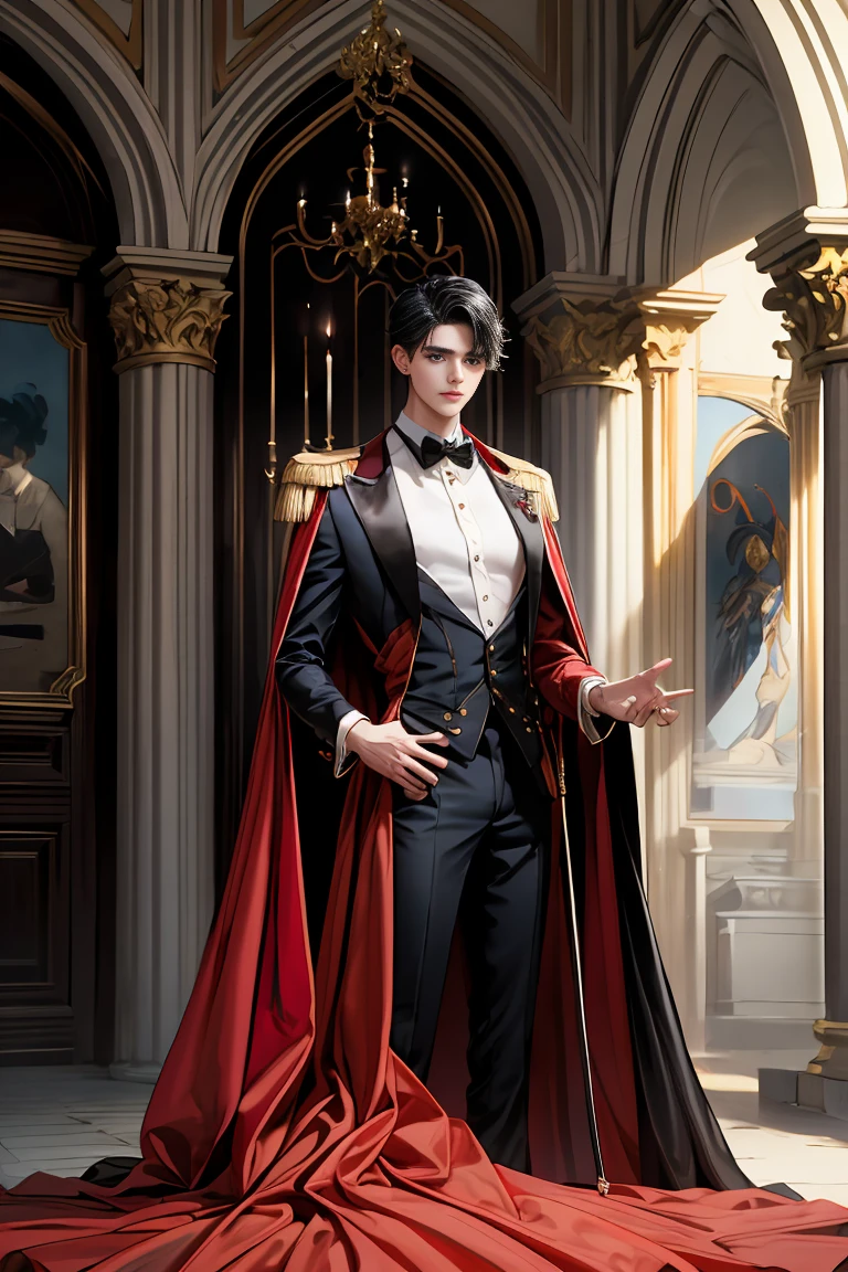 masterpiece, 最high quality, high quality, 1 boy, alone, Male focus, Watching the audience, Messy black hair, Adorable big blue eyes, White people, Noble, Noble,Sexy voluminous black and red cape、Tuxedo、A very voluminous, large, very large, very large, long, long red and black cape with a high stand-up collar, reaching down to the floor, made of a lot of fabric., 17 years old,Cute beautiful boys,Cute, cute, kind, handsome guy