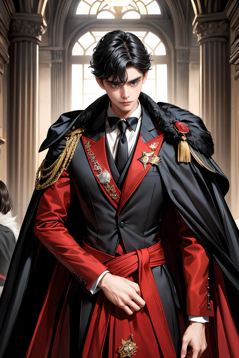 
masterpiece, 最high quality, high quality, 1 boy, alone, Male focus, Watching the audience,  Messy black hair, Adorable big blue eyes, White people, Noble, Noble,Sexy voluminous black and red cape、Tuxedo、A very voluminous, large, very large, very large, long, long red and black cape with a high stand-up collar, reaching down to the floor, made of a lot of fabric., 17 years old,Cute beautiful boys,Cute, cute, kind, handsome guy