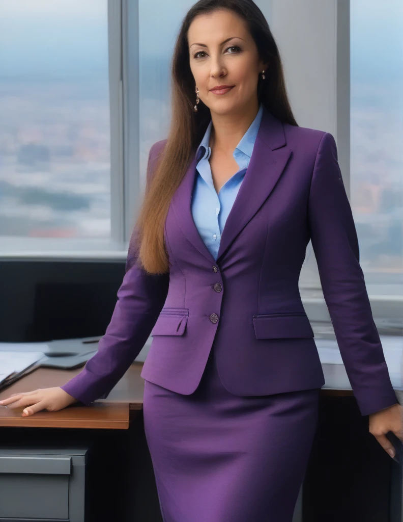 (masterpiece:1.37), best quality, (extremely detailed:1.37), office, window overlooking a bustling cityscape, woman, (mature:1.75), (very long hair:1.25), dark purple hair, purple eyes, (extremely detailed eyes:1.37) shining eyes, breasts, business suit, necktie, (very long pencil skirt:1.5), pantyhose, (wetting herself:1.5), standing, (arms crossed:1.5), (desperation:1.75), dignified, stoic expression, full body, high heels, day, daytime, glow, looking at viewer, perfect composition, Perfect light and shadow, 8K