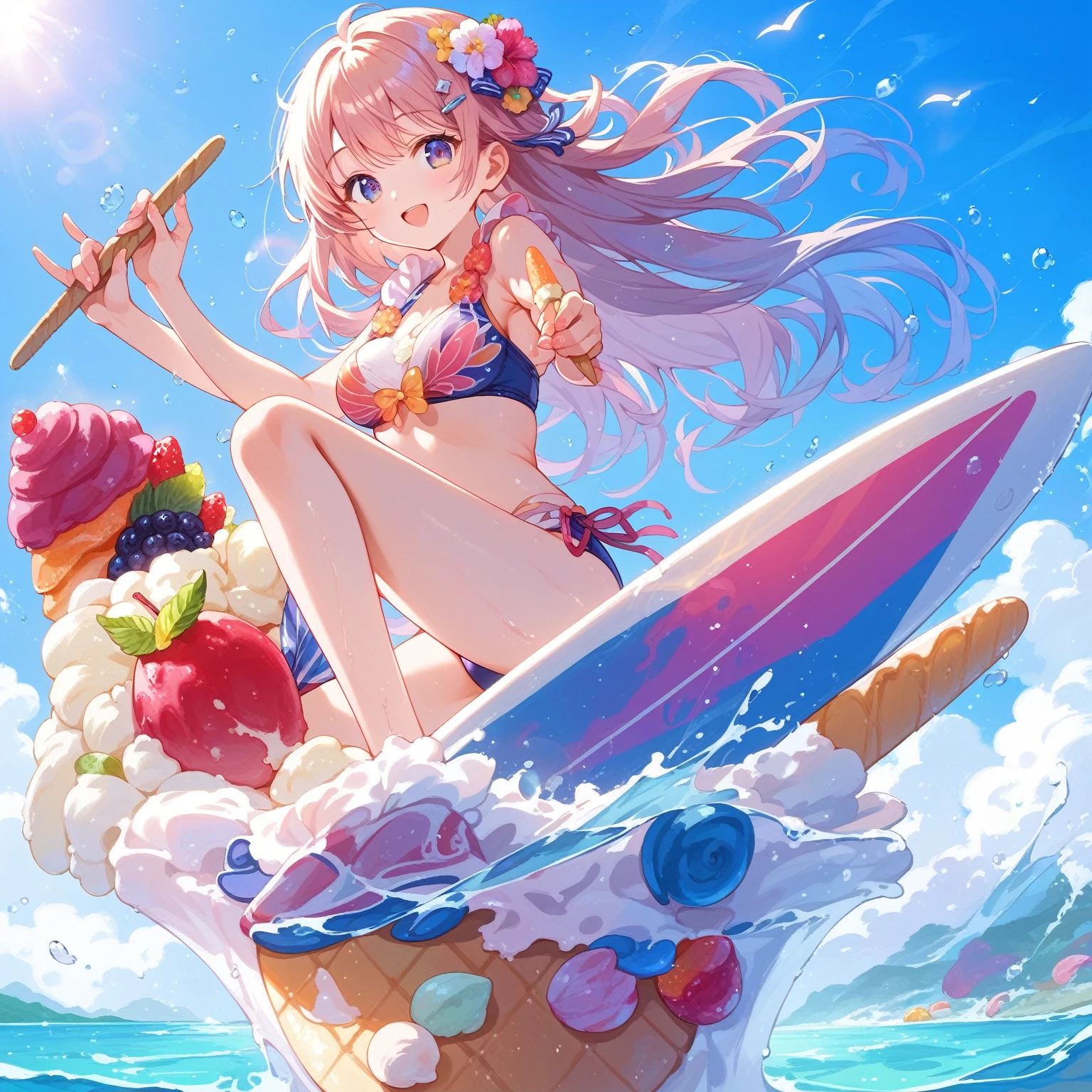 score_9, score_8_up, score_7_up, source_anime,masterpiece, best quality, high resolution, extremely detailed CG, absurdres, highres, 1girl, solo, a girl in swimsuit surfing with a surfboard on top of ice-cream, soft cream,fruits, summer,happy,babycreamxl