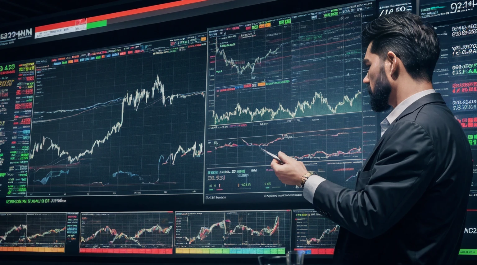 a man analyzing a stock market chart, ultra detailed image, realism, 8k, hyper detailed skin, intense and vivid colors.