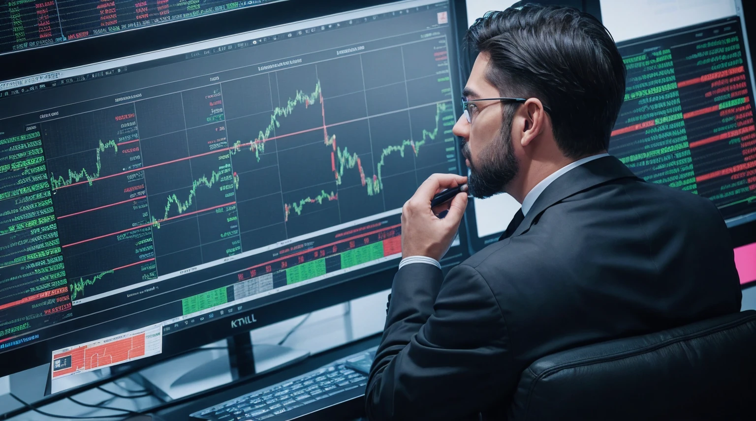 a man analyzing a stock market chart, ultra detailed image, realism, 8k, hyper detailed skin, intense and vivid colors.