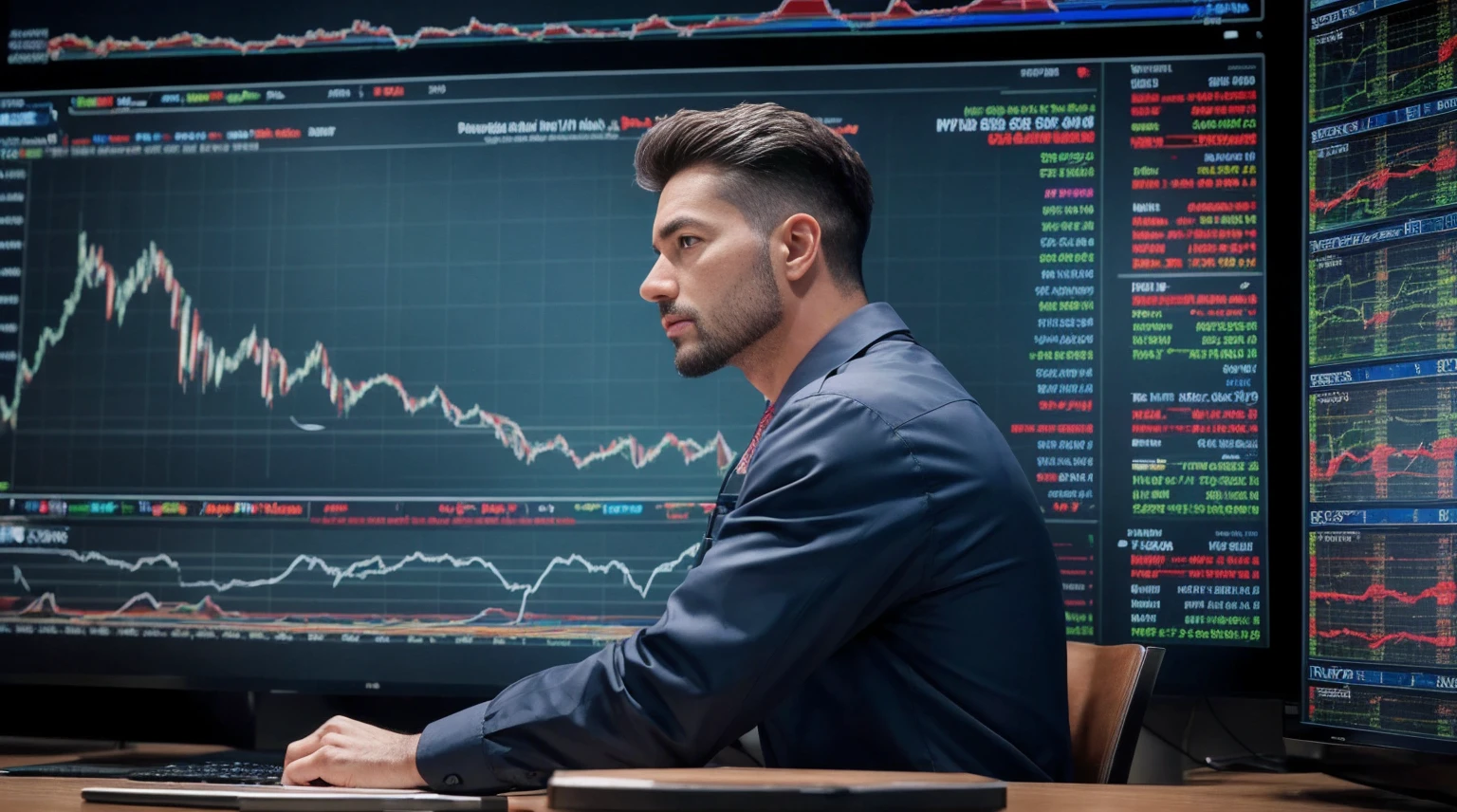 a man analyzing a stock market chart, ultra detailed image, realism, 8k, hyper detailed skin, intense and vivid colors.