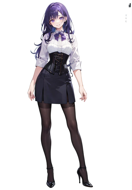 purple,long hair,woman,(corset),Shirt with rolled up sleeves,((Roll up your sleeves)),high heels,,simple background,smile,whole body,full body,full body,Standing picture,vtuber,upright,,Standing upright with face and body facing forward,