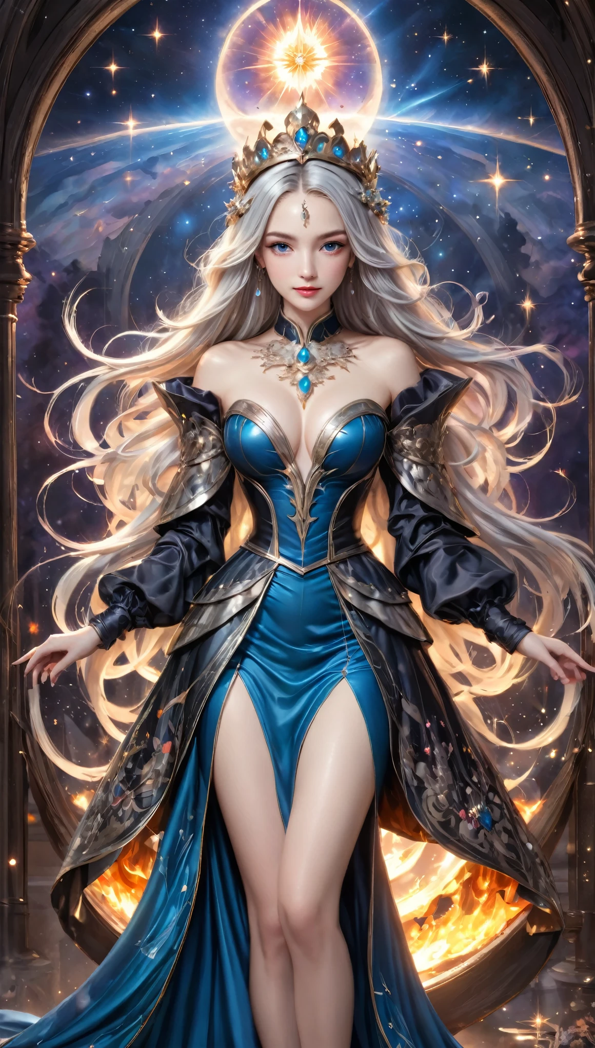 8K resolution, masterpiece, Highest quality, Award-winning works, unrealistic, From above, ??????, sole ???? lady, healthy shaped body, 22 years old, black mage, 165cm tall, huge firm bouncing busts,, white silver long wavy hair, Detailed facial depictions, BREAK, Mysterious blue eyes, Standard nose, Eyeliner, pink lips, ???? long legs, Clear skin, holy knight, Gothic ruffle long dress, A dress with a complex structure, Seven-colored colorful dress, Clothed in flames, royal coat of arms, elegant, Very detailed, Delicate depiction of hair, miniature painting, Digital Painting, artstation concept art, Smooth, Sharp focus, shape, Art Jam、Greg Rutkowski、Alphonse Mucha's、William Adolphe Bouguereau、art：Stephanie Law , Royal Jewel, nature, Symmetric, Greg Rutkowski, Charlie Bowwater, Unreal, surreal, Dynamic Lighting, Fantasy art, Complex colors, Colorful magic circle, flash, dynamic ???? poses, A kind smile, Mysterious Background, Aura, A gentle gaze, BREAK, Small faint lights and flying fireflies, night, lanthanum, From above, looking down on the world below, Starry Sky, milky way, nebula, shooting star