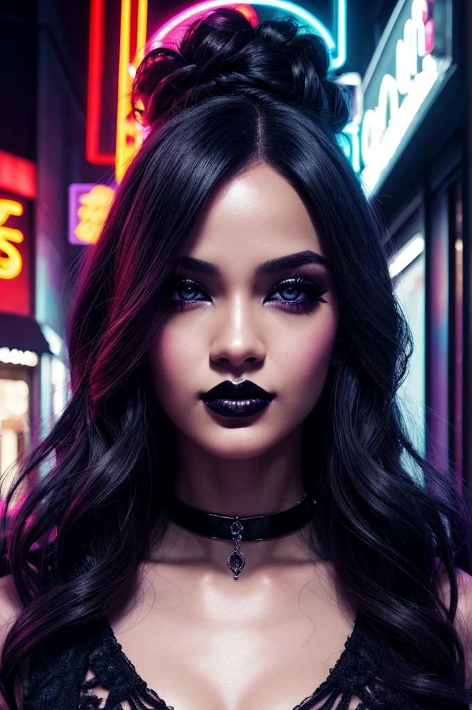 light skinned with model features, goth glam lips, light eyes, glamor, bob wavy hair, high street fashion illustrated by aoiro studio and masaaki komori, hyper detailed, neon lights, cinematic lighting, matte painting, illustrated in an oil painting style, trending on artstation, contemporary art, surrealistic and dreamlike atmosphere