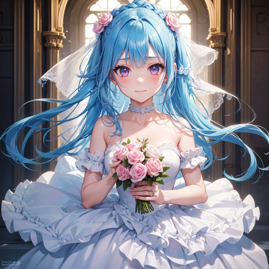 Sky blue hair, (One braided ponytail),(Pink Eyes),Fair skin ,(whole body),(One girl),bride,A big smile,Straight bangs, 6月のbride,Wedding dress,(masterpiece, Highest quality, Very detailed, Best Shadow), (Detailed Background), (Beautifully detailed face), High Contrast, (Best lighting, Very delicate and beautiful), ((Cinematic Light)), colorful, Hyper Detail, Dramatic Light, Intricate details,Chapel background,A bouquet of roses in the right hand,Ring on left ring finger,