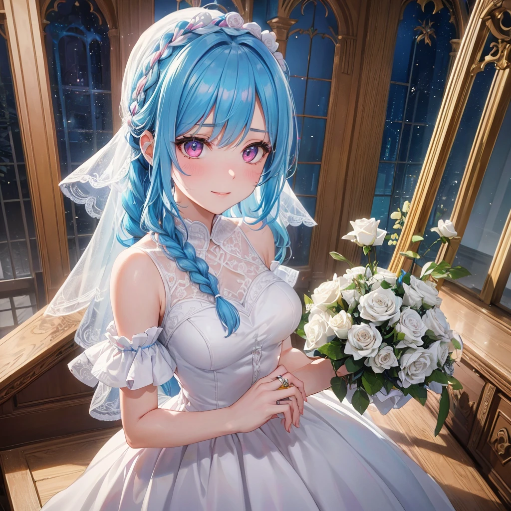 Sky blue hair, (Braided Ponytail),(Pink Eyes),Fair skin ,(whole body),(One Girl),bride,Big smile,Straight bangs, 6月のbride,Wedding dress,(masterpiece, Highest quality, Very detailed, Best Shadow), (Detailed Background), (Beautifully detailed face), High Contrast, (Best lighting, Very delicate and beautiful), ((Cinematic Light)), colorful, Hyper Detail 8k, Dramatic Light, Intricate details,Pure white sparkling background,A bouquet of roses in the right hand,Ring on left ring finger,church、cathedral、Stained glass、Sacred Light、