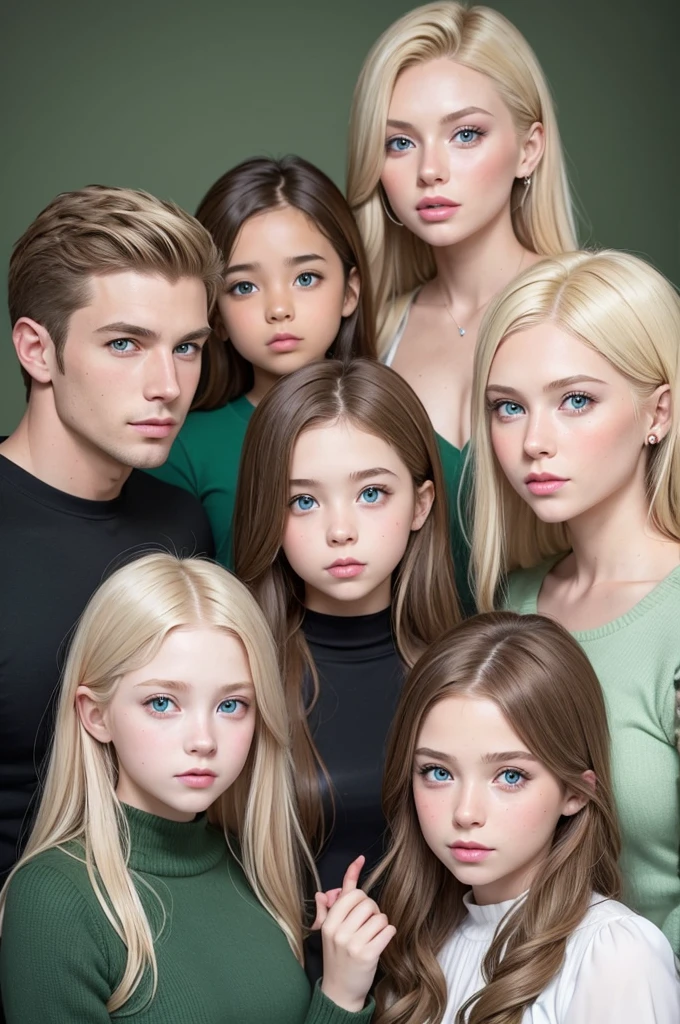 Make a family of 5 people. A muscular blond man with green eyes. A beautiful pregnant woman with brown hair and green eyes. A 5 girl with blonde hair and green eyes. A 17 year th blonde hair and blue eyes. A 15 year old girl wiir and green eyes.